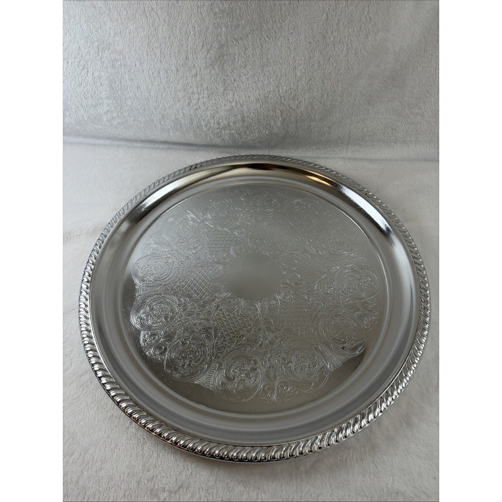 Vintage Kensington Silver Plated Serving Tray‎ 7822 Large 15.5" Round Rope Rim
